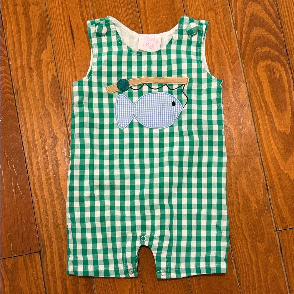 Green Gingham Fish Appliqué Romper for Kids